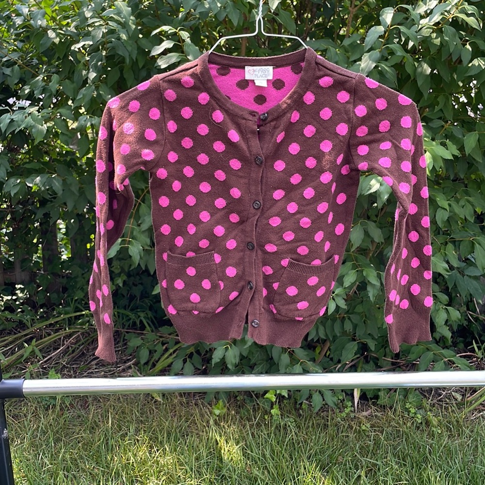 Brown sweater with pink polka dots